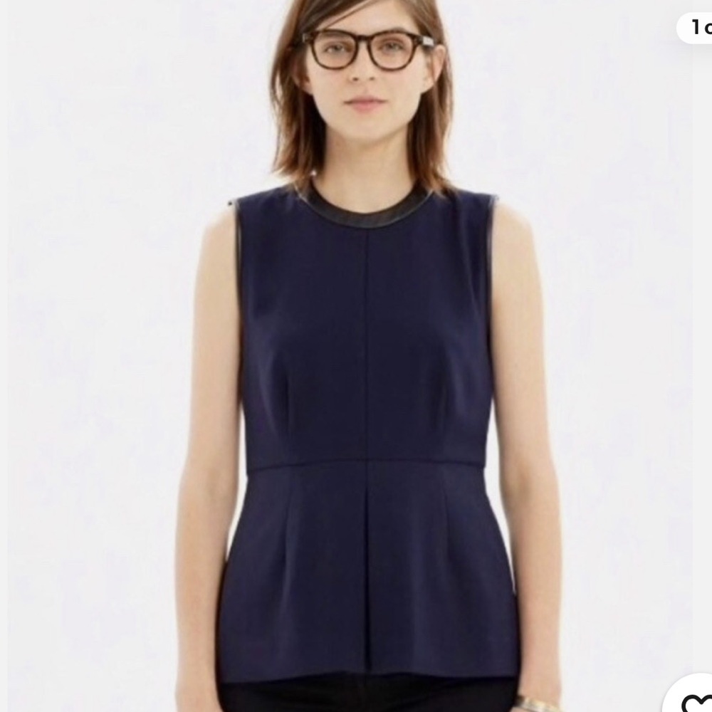 Madewell Peplum Top with Black Leather Trim Sleeveless Top Women’s SZ‎ 4 in Navy